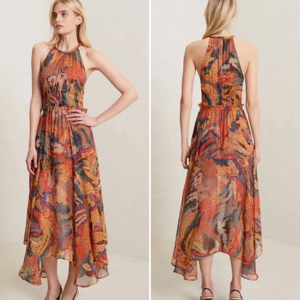 A.L.C. Ellie Abstract Floral Print Halter Midi Dress Silk Lurex Boho Size 4